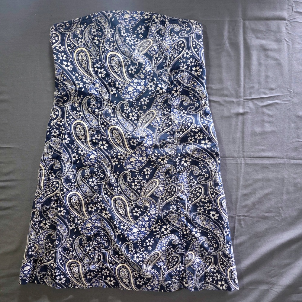 Tommy Hilfiger Vintage 2000s Blue Paisley Cotton Strapless Tube Dress Womens 8